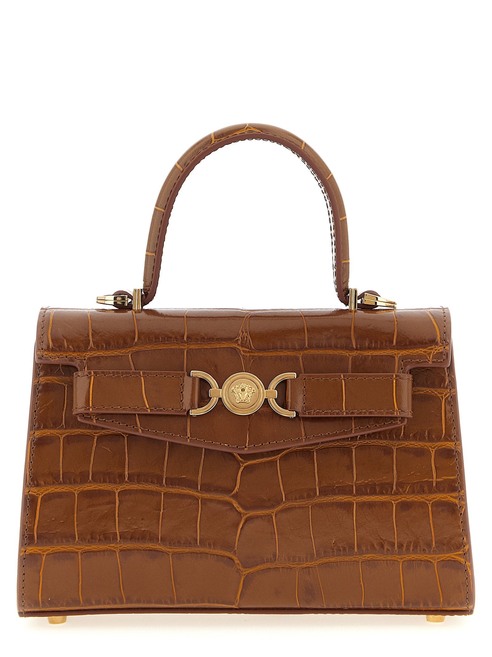 Versace Crocodile-Effect Leather Top Handle Bag — Cognac