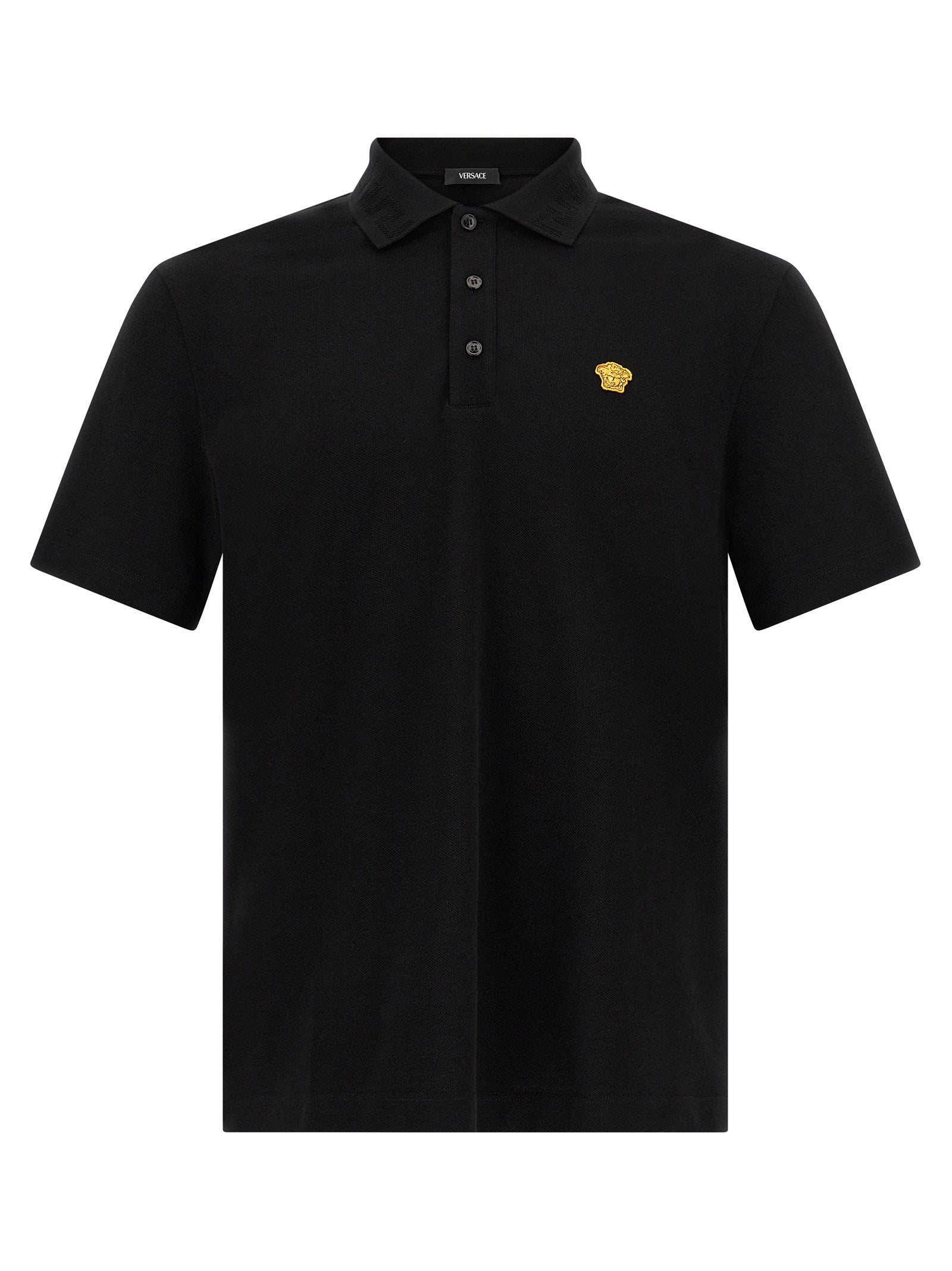 Versace Medusa Logo Embroidered Cotton Piqué Polo Shirt — Black