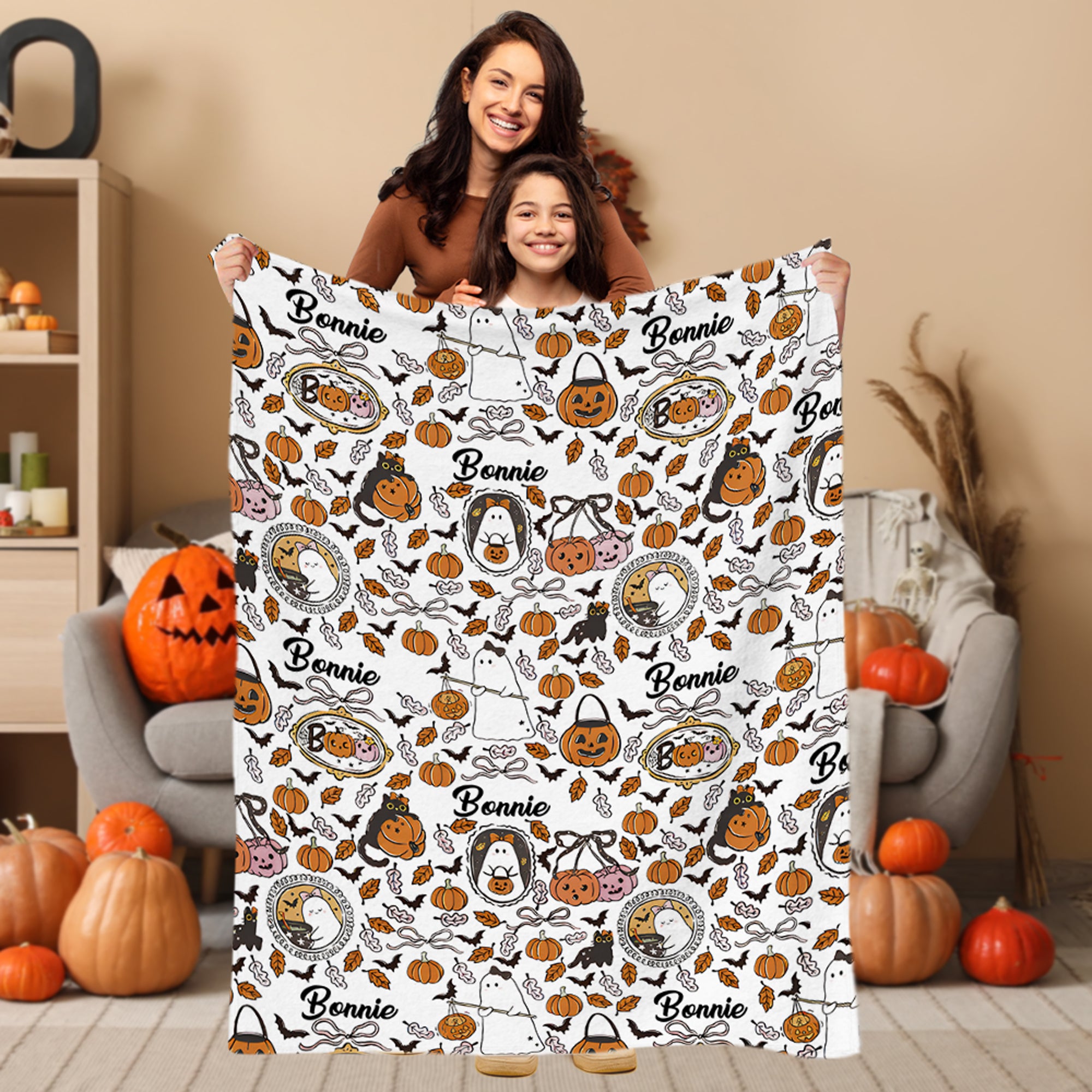 Calabaza fantasma personalizado suave manta del bebé Swaddle nudo sombrero conjunto con el nombre de Halloween regalo para los nuevos padres
