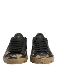 Men's Black Portofino Mud Effect Low Top Sneakers Shoes And Brown Leather