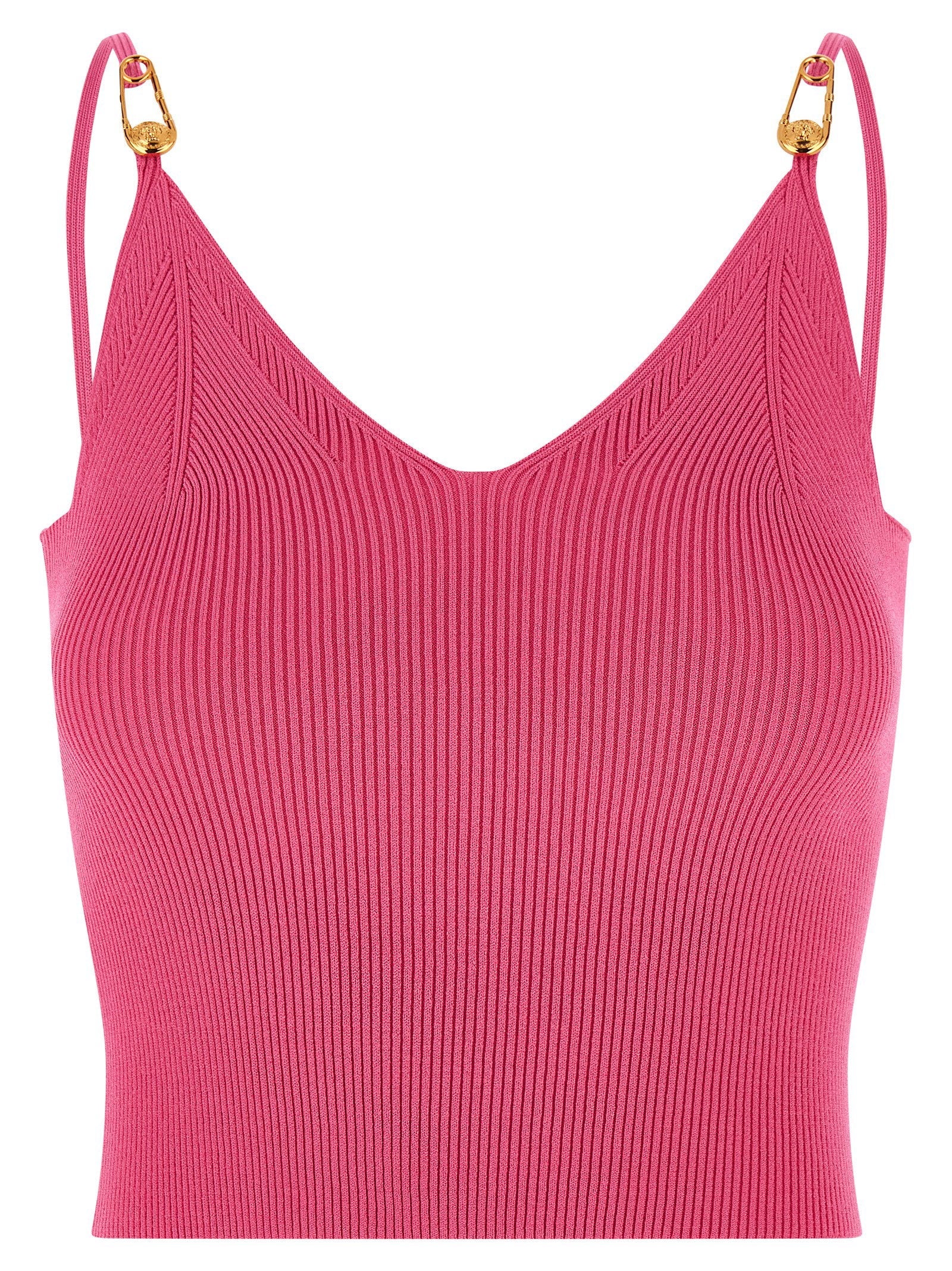 Versace Safety Pin-Detail Ribbed Knit Tank Top — Hot Pink