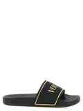 Versace Logo Embroidered Slides — Black