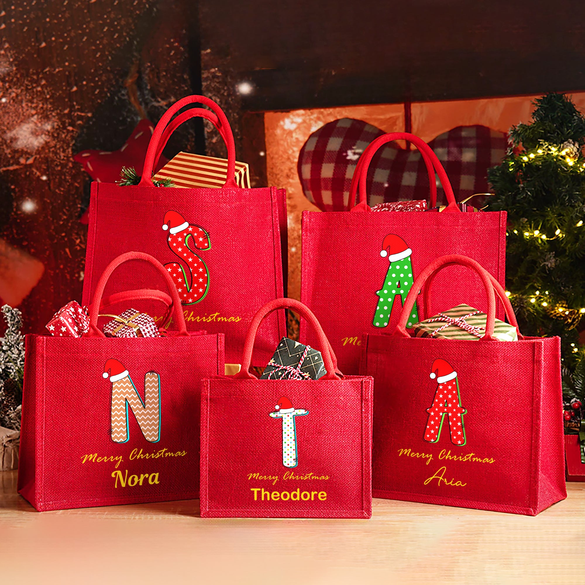 Gorro de Navidad personalizado con iniciales Bolsa de yute grande con nombre Fiesta de Navidad Regalo para niños Familia Amigos