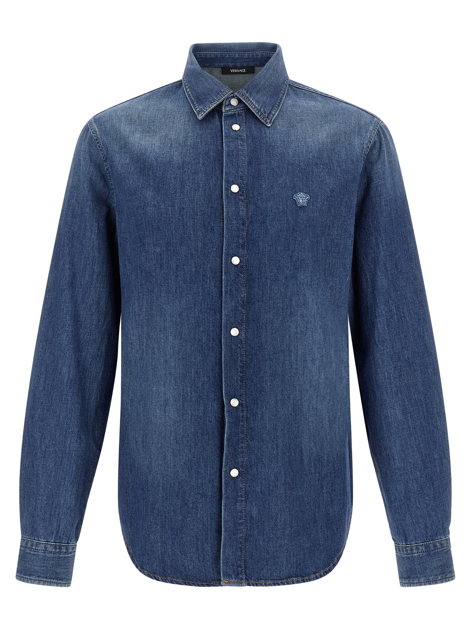 Versace Medusa Patch Denim Shirt — Blue