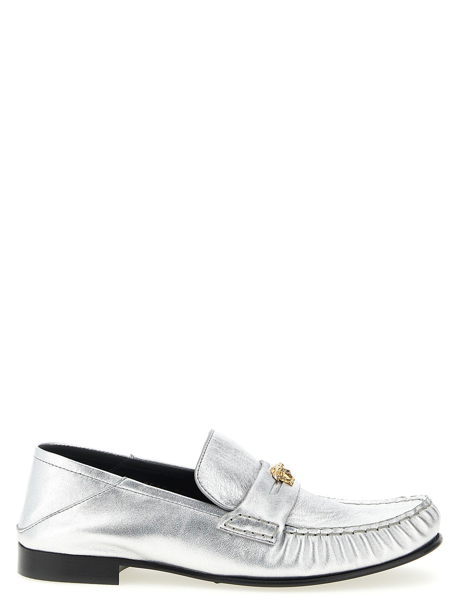 Versace La Medusa Metal-Embellished Laminated Nappa Loafer — Silver