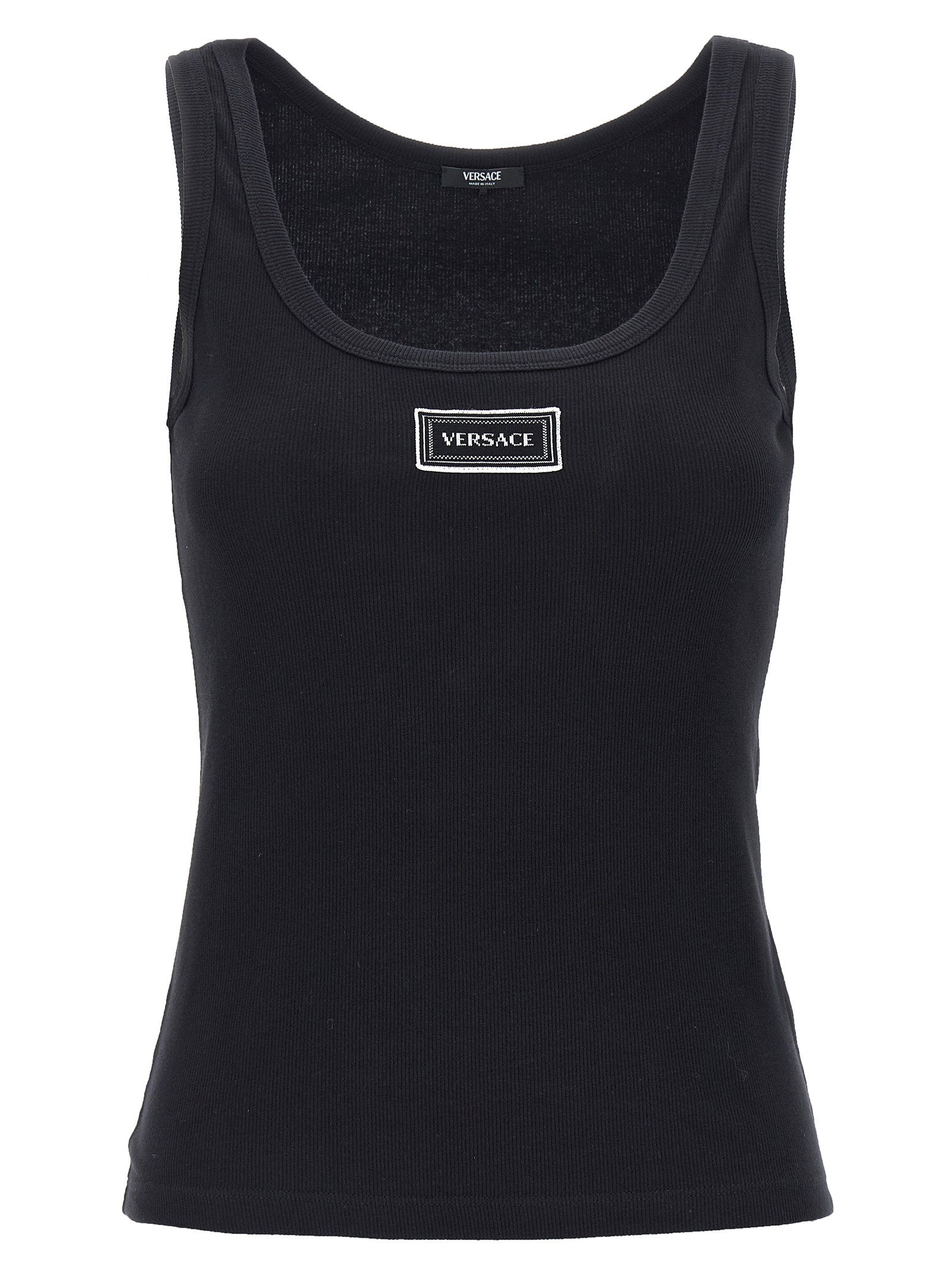 Versace Logo-Embroidered Ribbed Cotton Tank Top — Black