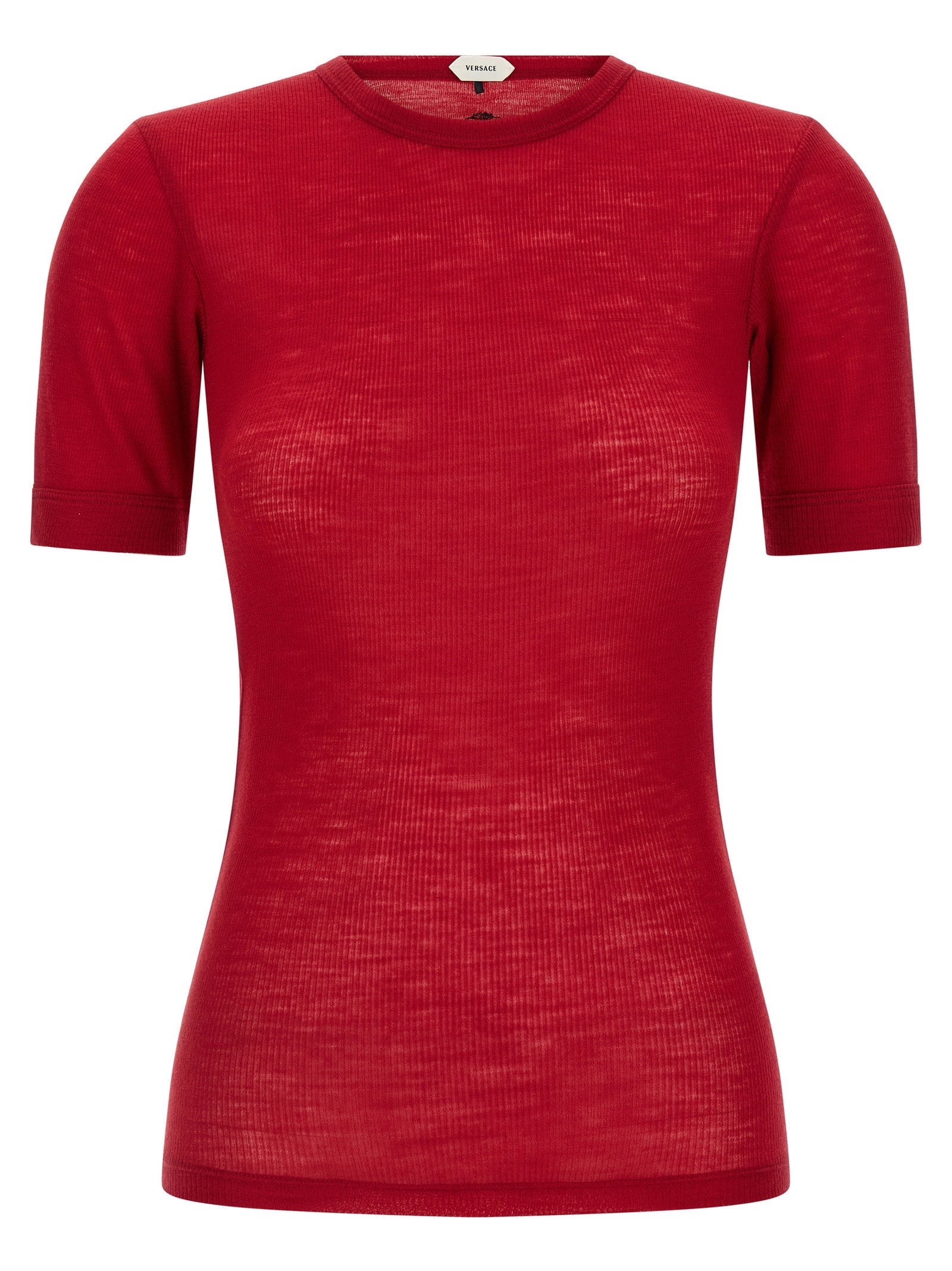Versace Logo-Embroidered Virgin Wool T-shirt — Red