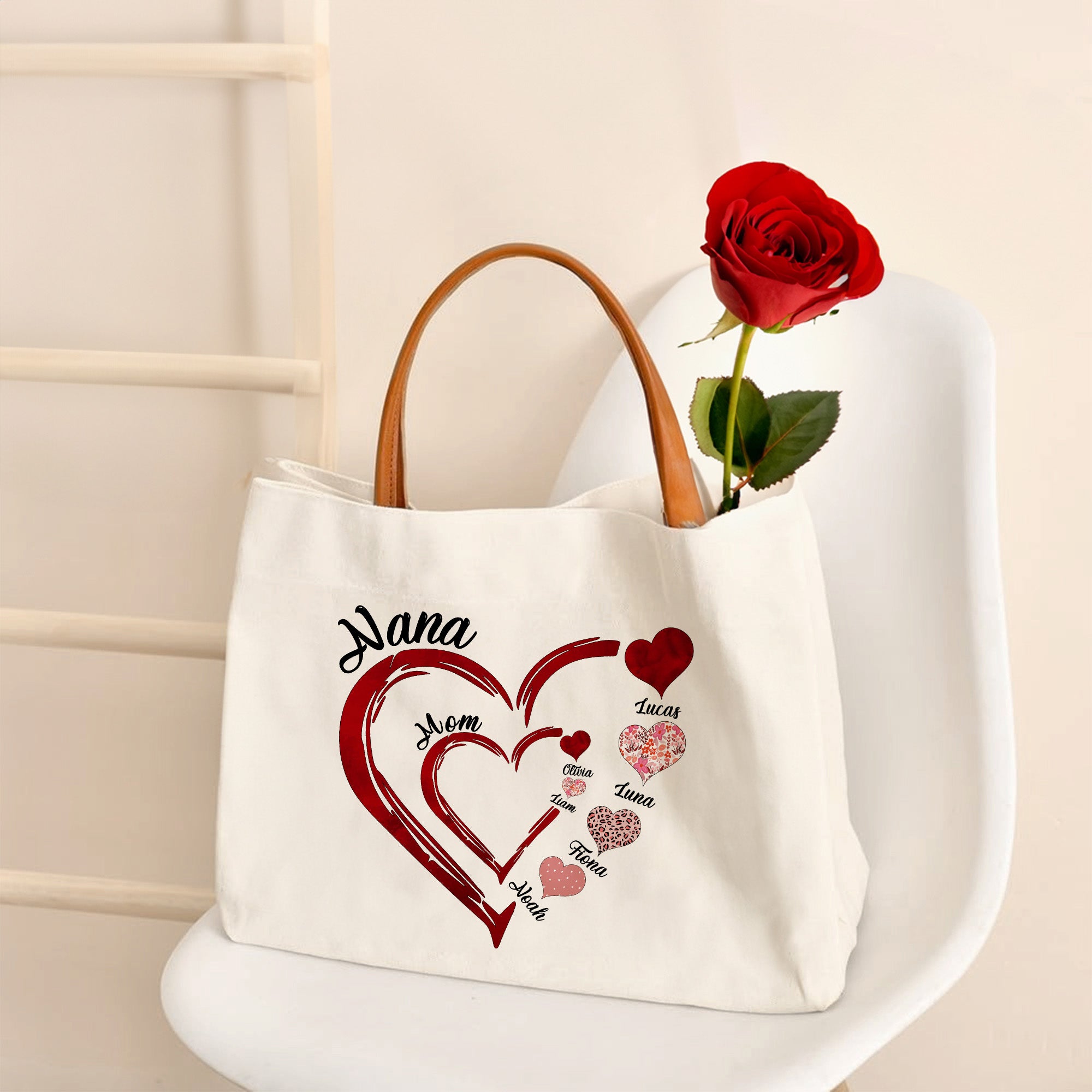 Personalizado en forma de corazón 1-16 Familia Nombres de los niños Bolso de lona con el título Cumpleaños Día de la Madre Regalo de Navidad para las mamás abuelas