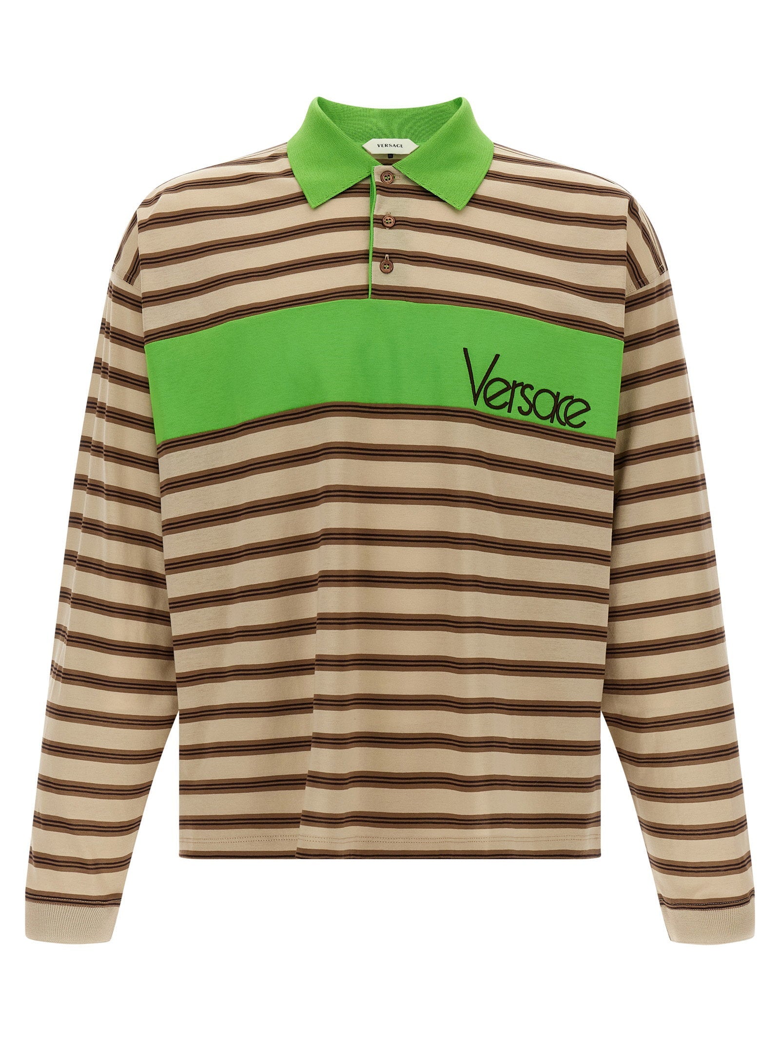 Versace Striped Intarsia Logo Polo Shirt — Green
