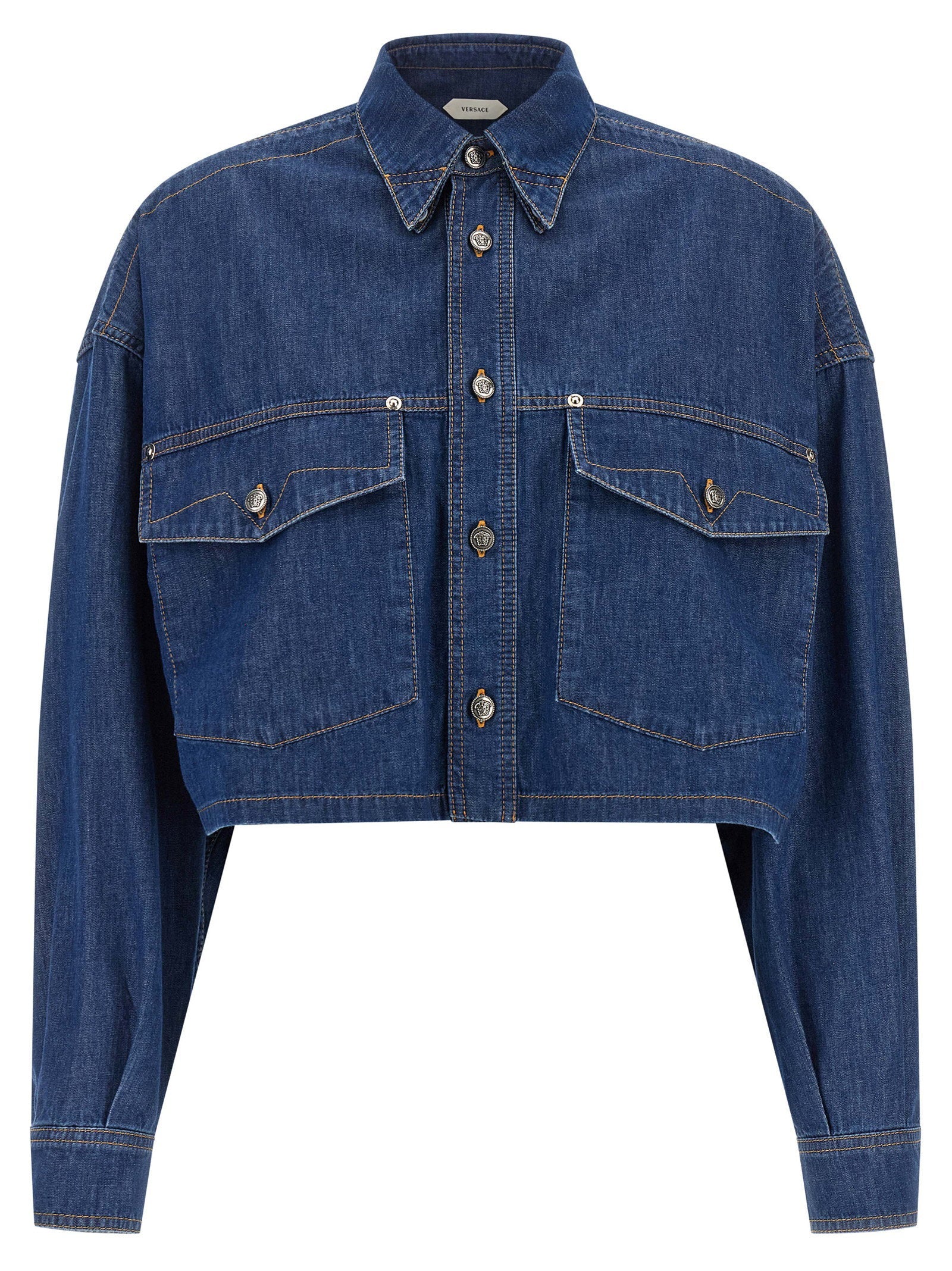 Versace Cotton Denim Cropped Shirt — Blue
