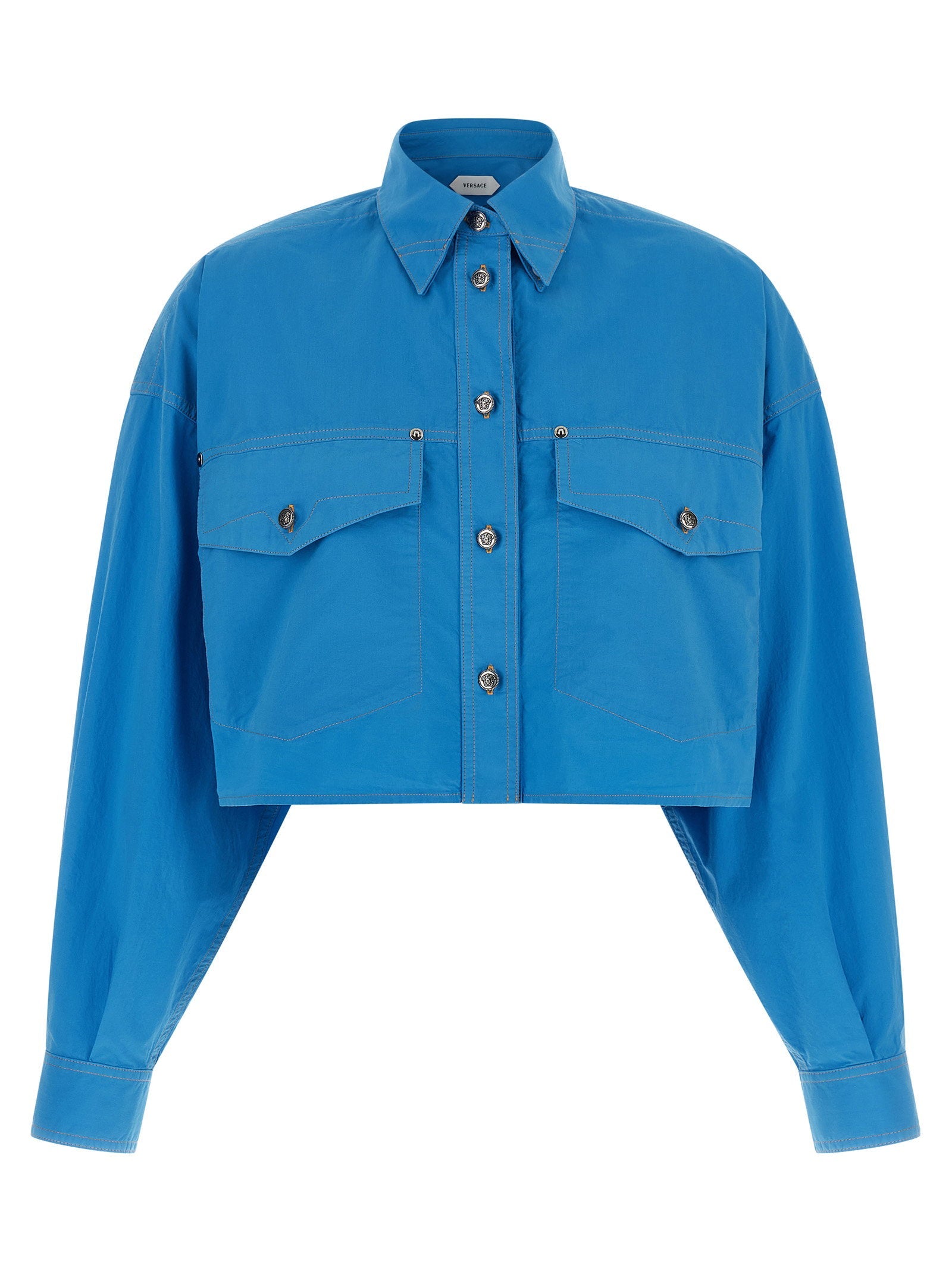 Versace Medusa-Button Cotton Poplin Shirt — Blue