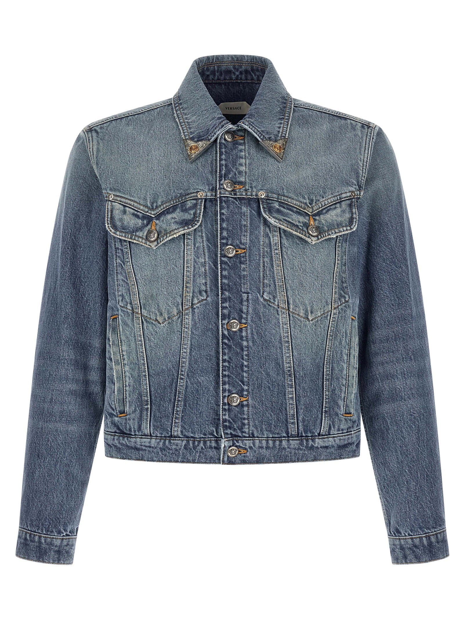 Versace Medusa-Embellished Denim Jacket — Blue