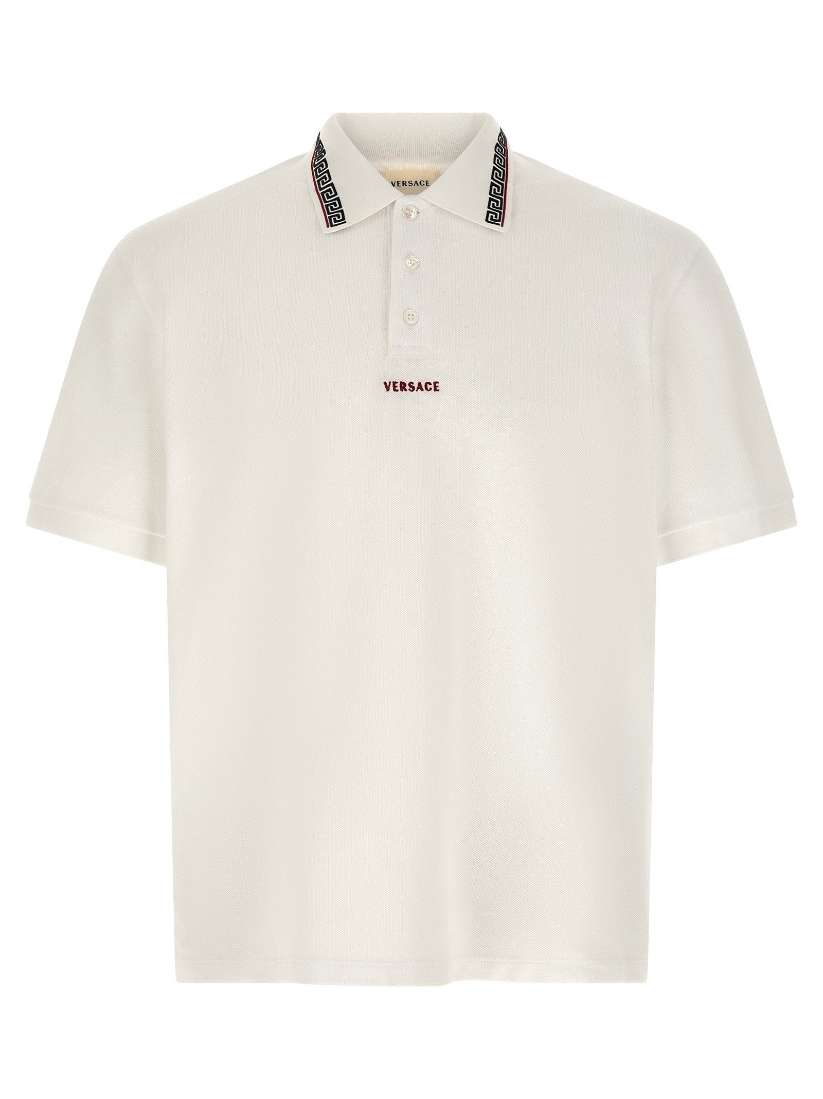 Versace Greca-Embroidered Collar Polo Shirt — White