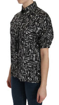 Women's Musical Instrument Print Silk Shirt Black