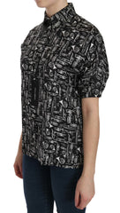 Women's Musical Instrument Print Silk Shirt Black