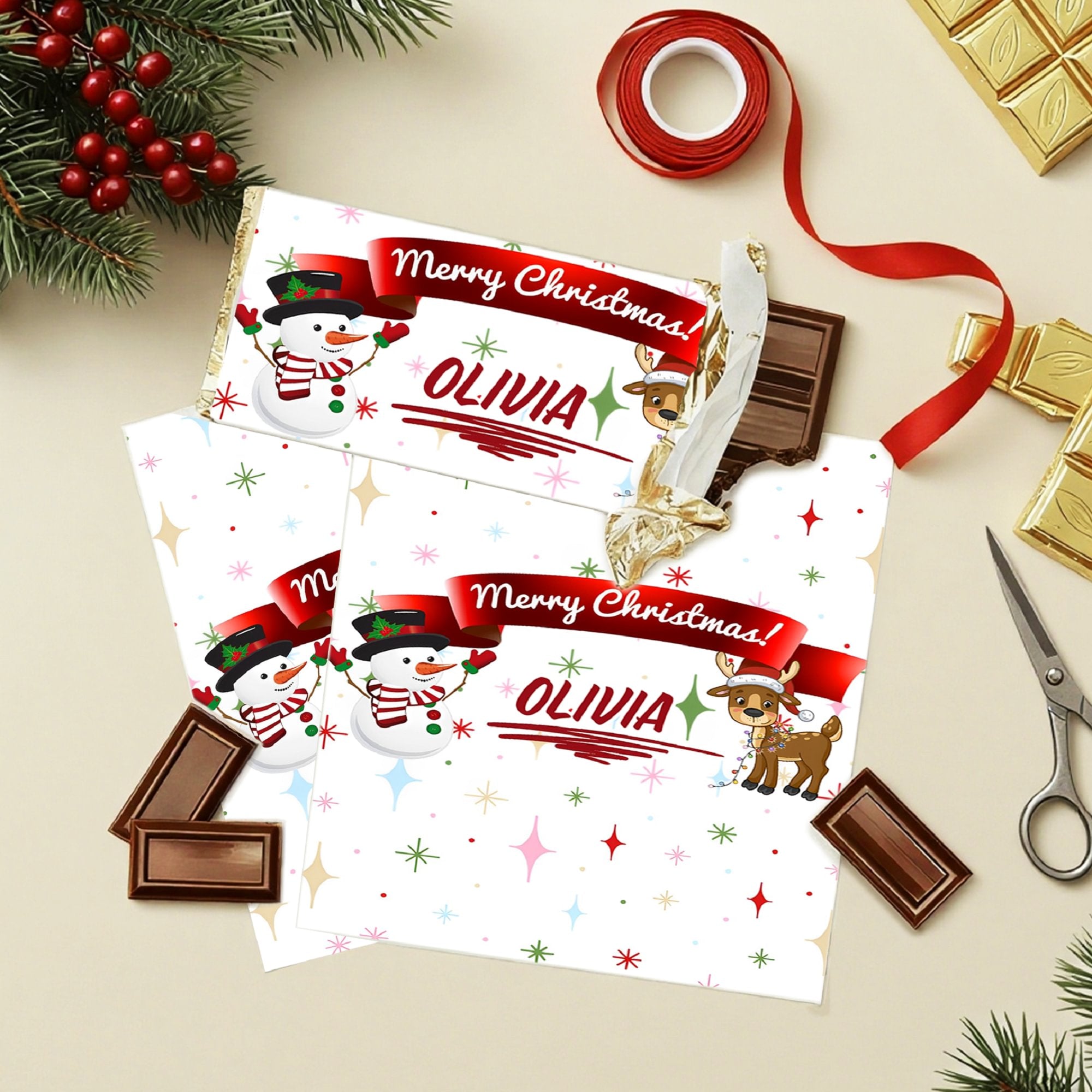 Envoltorio personalizado de barra de Navidad de Papá Noel Ciervo con nombre Envoltorio navideño de chocolate Regalo para la familia Niños
