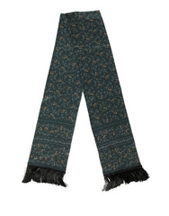 Men's Green Silk Floral Pattern Fringed 135cm X 16cm Scarf