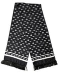 Men's Black Silk Crown Fringe Neck Wrap 173cm X 32.5cm Scarf And White