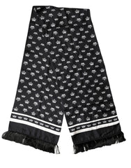 Men's Black Silk Crown Fringe Neck Wrap 173cm X 32.5cm Scarf And White