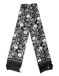Men's Black White Silk Floral Print Fringe 136cm X 15.5cm Scarf And