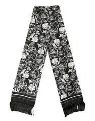 Men's Black White Silk Floral Print Fringe 136cm X 15.5cm Scarf And