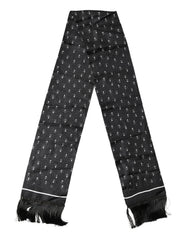 Men's Black White Silk Dotted Print Foulard 140cm X 15cm Scarf