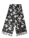 Men's Black Silk Sun Moon Star Fringe Foulard 178cm X 33cm Scarf And White