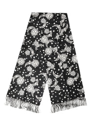 Men's Black Silk Sun Moon Star Fringe Foulard 178cm X 33cm Scarf And White