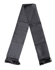 Men's Black Silk Geometric Fringe Wrap Foulard 136cm X 15cm Scarf