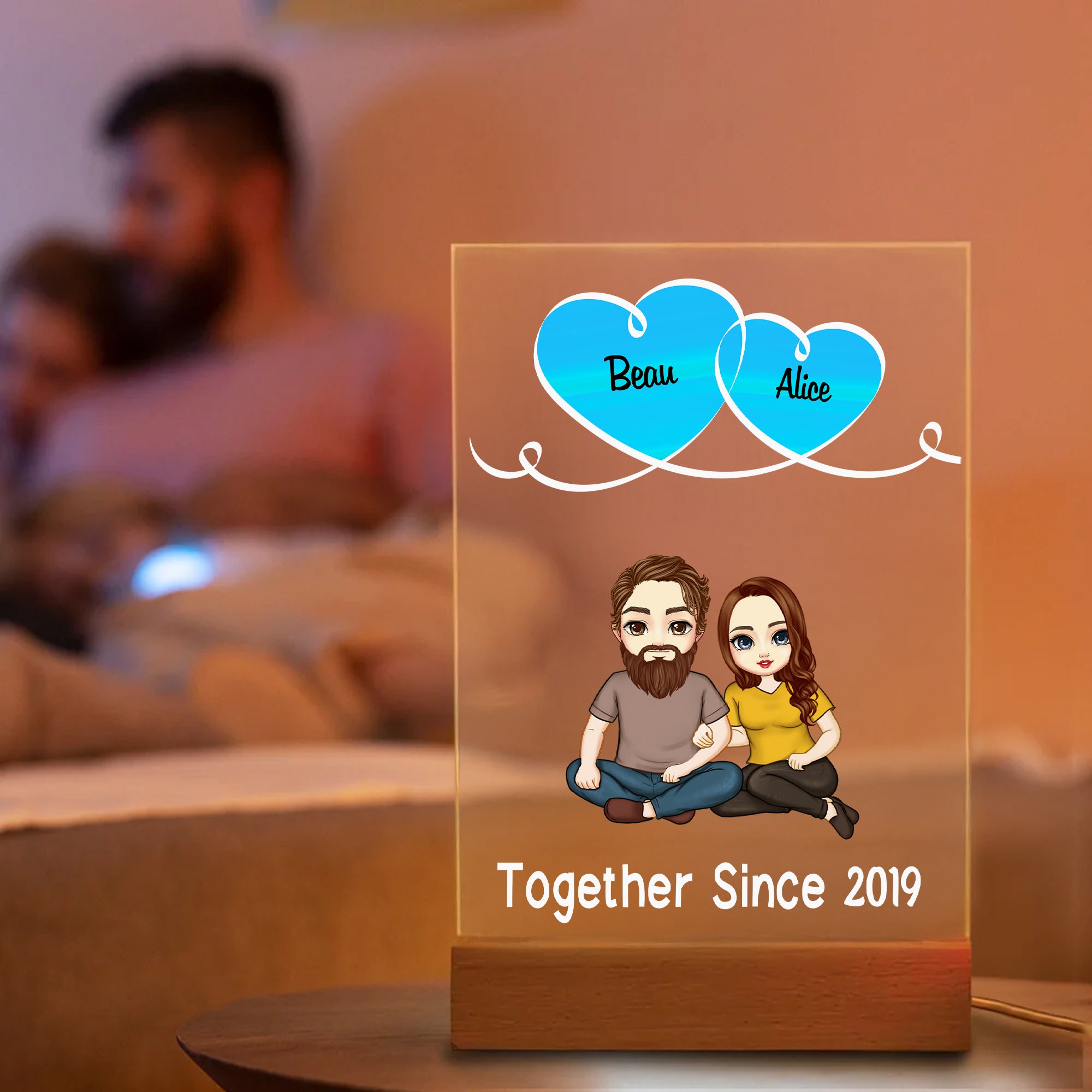 Personalizada Juntos desde hace un año Pareja de dibujos animados Luz de noche LED con nombres y base de madera Decoración para el hogar Aniversario Cumpleaños Regalo para parejas