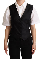 Women's Solid Black Silk Sleeveless Waistcoat Vest Top Polyester Elastane