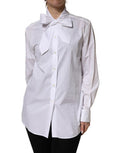 Women's White Cotton Bow Tie Long Sleeves Blouse Top