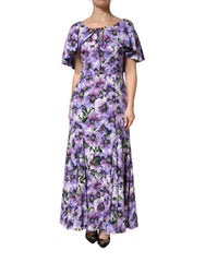 Women's Purple Floral Silk Dress Elastane