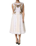Women's Ivory Lace Silk Embellished Sleeveless Dress Off White Cotton