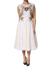 Women's Ivory Lace Silk Embellished Sleeveless Dress Off White Cotton