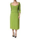 Women's Green Silk Sweetheart Neckline Midi Dress Viscose