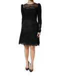 Women's Black Lace Sheer Panel Midi Long Sleeve Dress