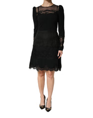Women's Black Lace Sheer Panel Midi Long Sleeve Dress