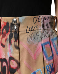 Women's Beige Graffiti Print Cotton Blend Mini Skirt Polyester