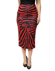Women's Red Black Zebra Print Polyester Pencil Midi Skirt And