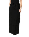 Women's Black Cotton Drawstring Long Maxi Cargo Skirt Elastane