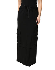 Women's Black Cotton Drawstring Long Maxi Cargo Skirt Elastane