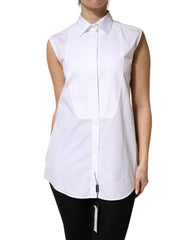 Women's White Cotton Pleated Sleeveless Button Down Top
