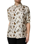 Women's Beige Musical Instrument Print Short Sleeve Top Silk