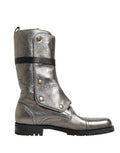 Men's Metallic Leather Buckle Combat Boots Shoes Silver