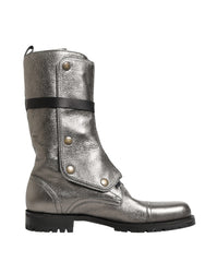 Men's Metallic Leather Buckle Combat Boots Shoes Silver
