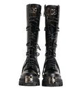 Men's Black Leather Knee High Combat Boots Shoes