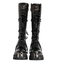 Men's Black Leather Knee High Combat Boots Shoes