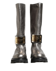 Men's Metallic Silver Leather Mid Calf Boots Shoes Cervo Laminato