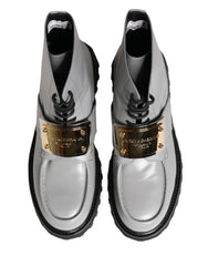 Men's Gray Leather Logo Plaque Ankle Boots Shoes Spazzolato Matte